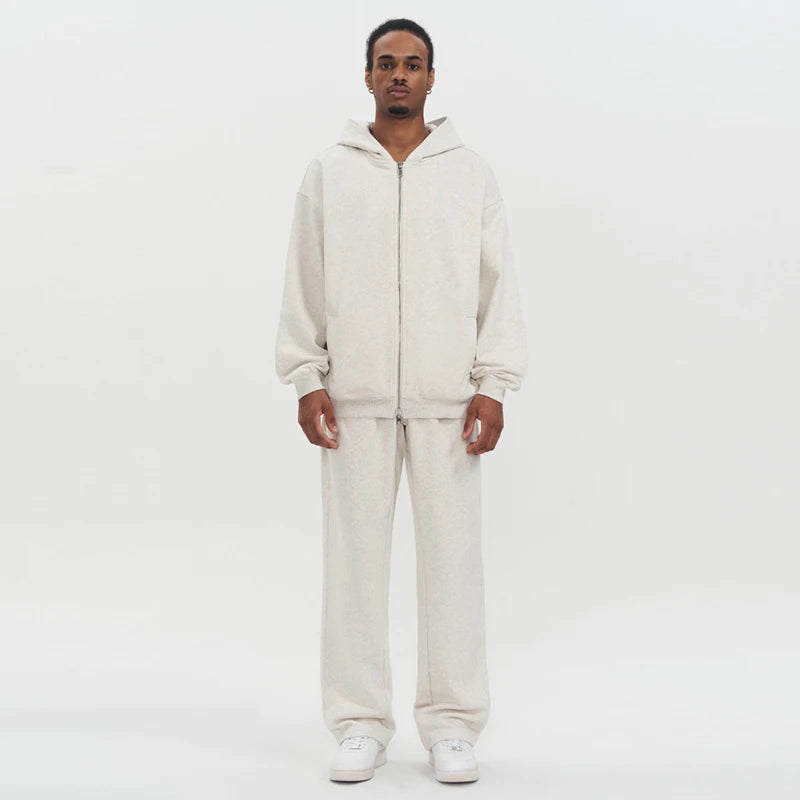 Cotton french terry tracksuit cream zip hoodie on model
