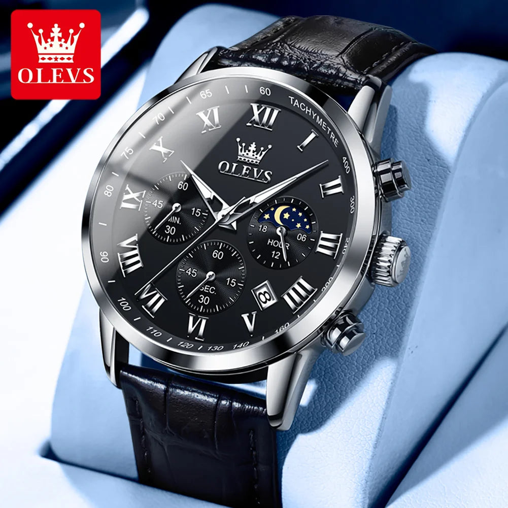 OLEVS 5529 leather watch men – black dial roman numerals quartz