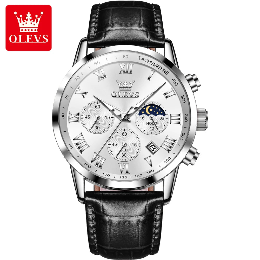 OLEVS quartz leather watch men – white dial black leather strap studio