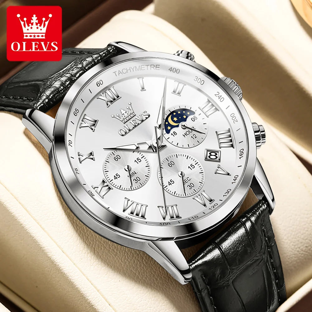 OLEVS leather watch men – white dial silver case black leather strap