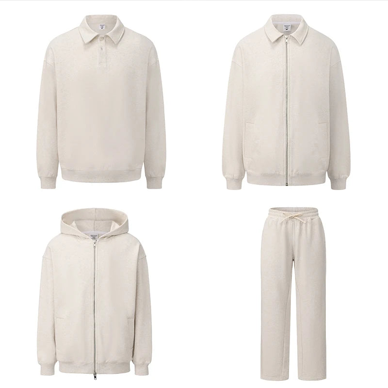 Cotton french terry tracksuit cream styles – zip and polo set