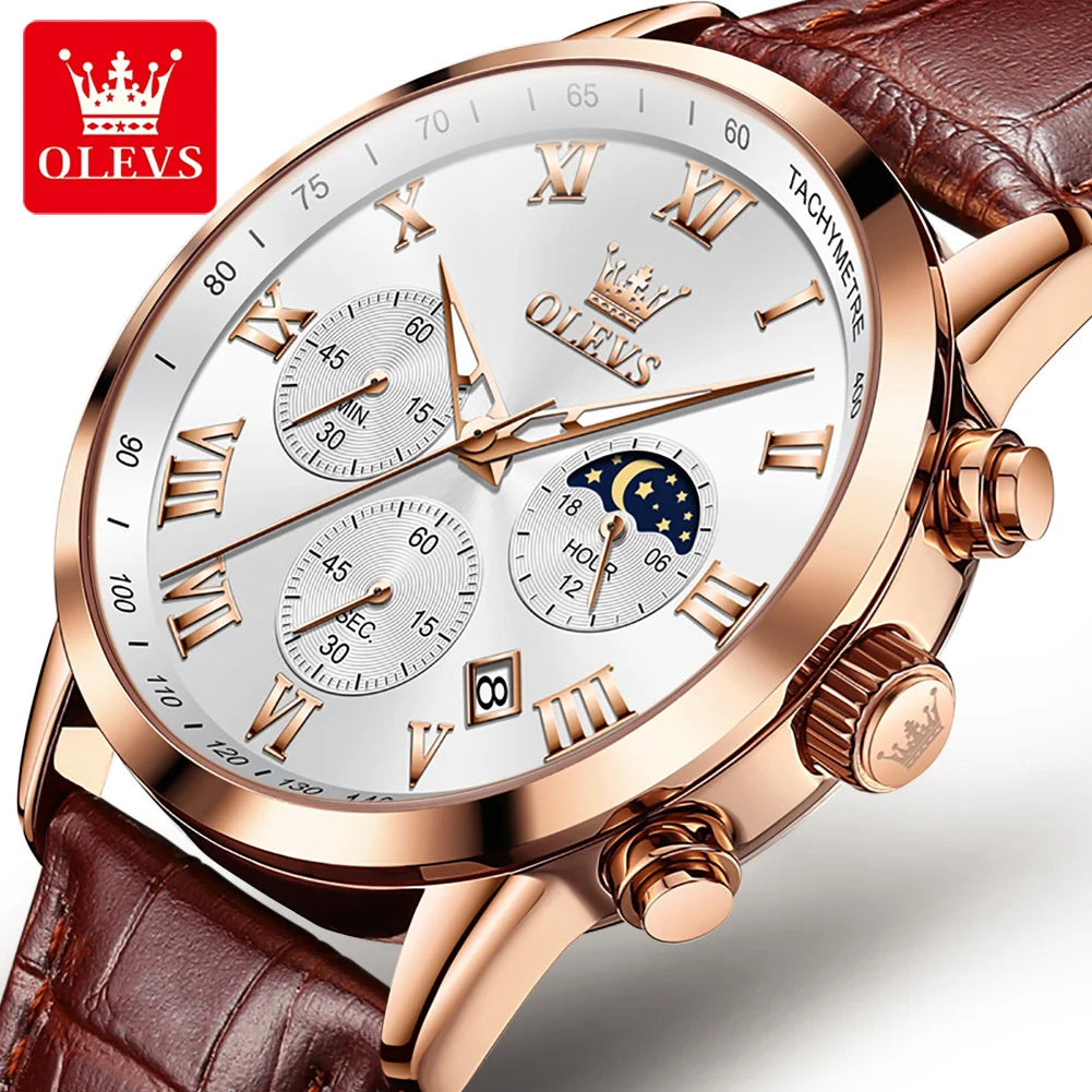 OLEVS leather watch for men close-up – white dial moon phase, brown leather strap