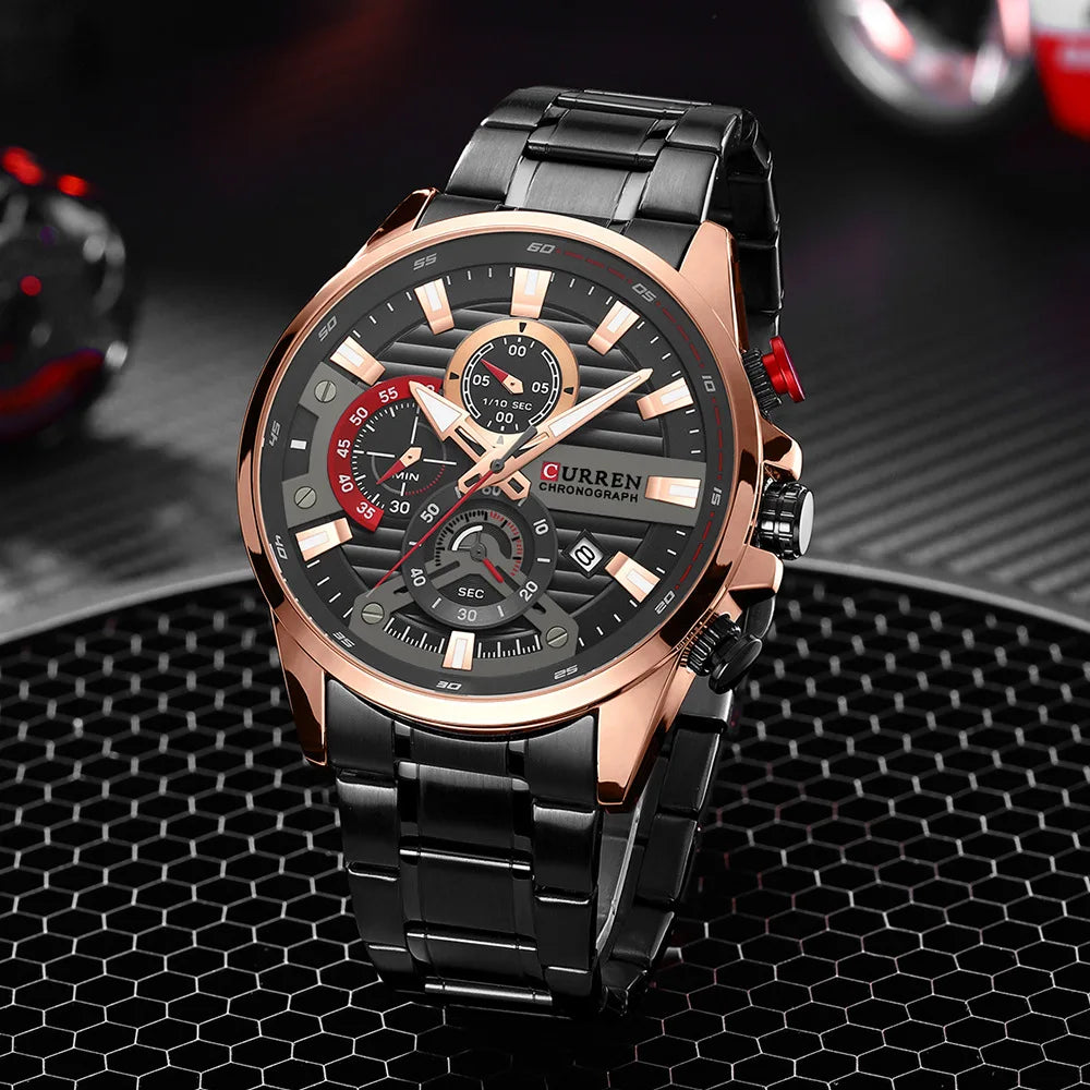 CURREN steel watch men – black rose gold on textured surface
