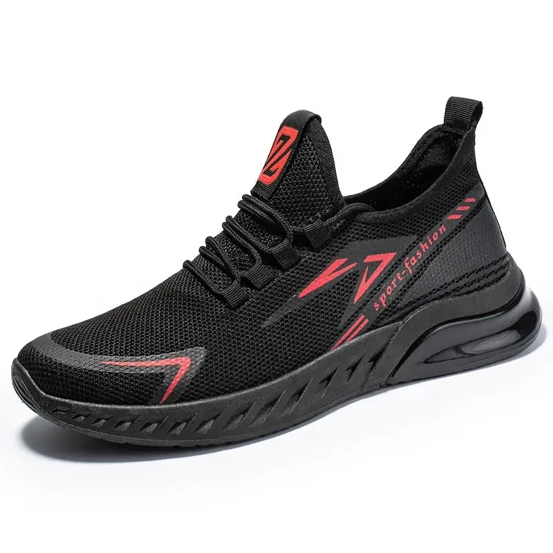 Men's mesh running shoes – black red sneaker, side view
