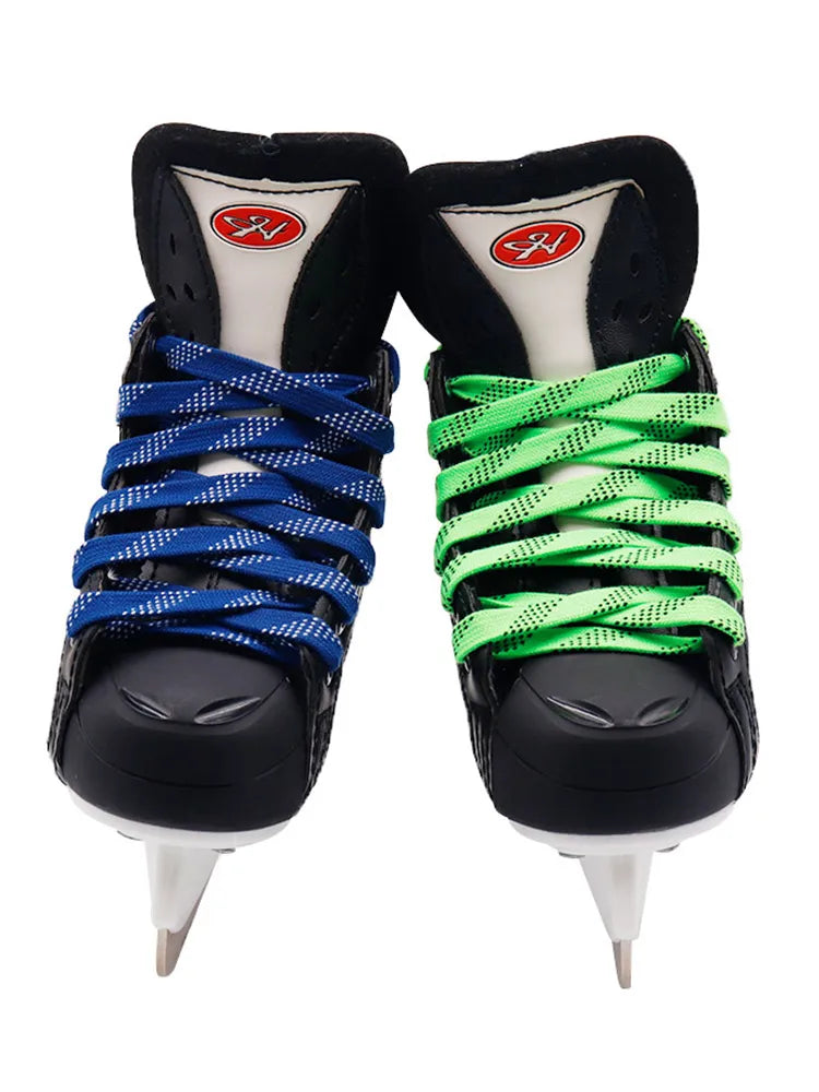 Blue and green waxed boot laces on skates