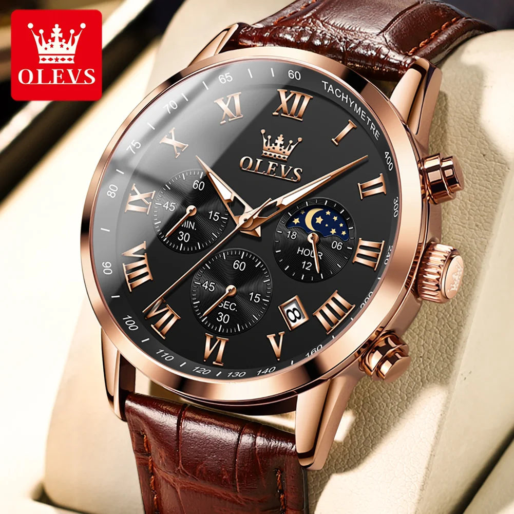 OLEVS leather watch men – black dial brown leather strap moon phase