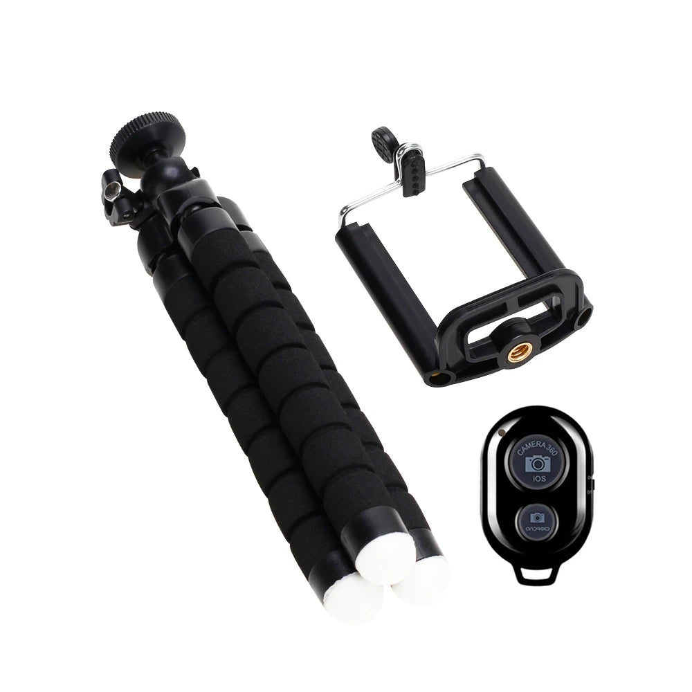 Phone tripod stand folded with phone clip and remote accessories