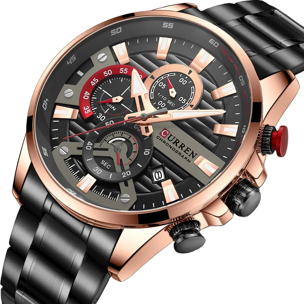 CURREN steel quartz watch men – black rose gold chronograph