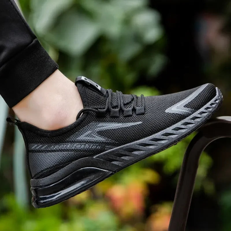 Men's mesh running shoes – black gray sneaker on foot