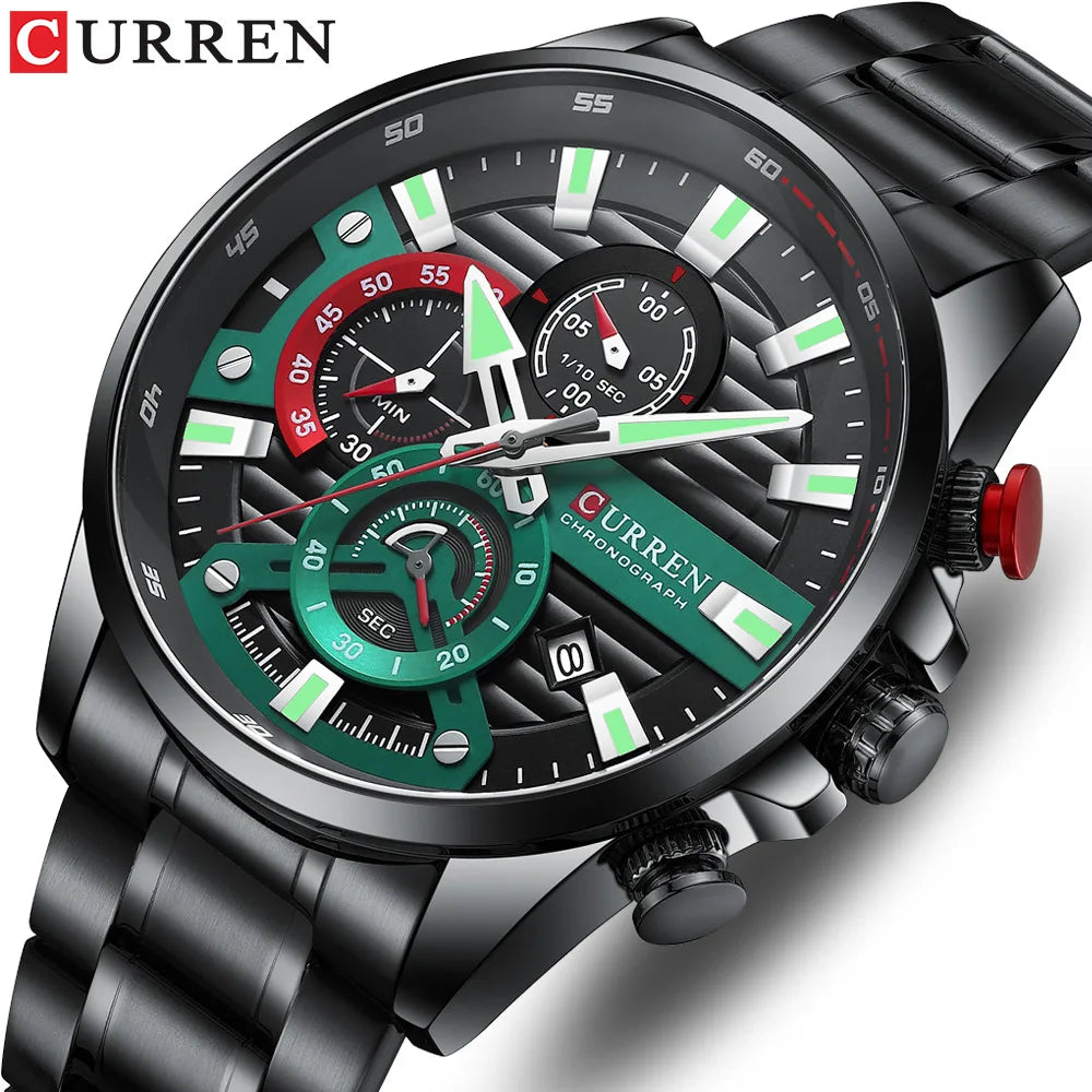 CURREN 8415 steel watch men – black green chronograph quartz
