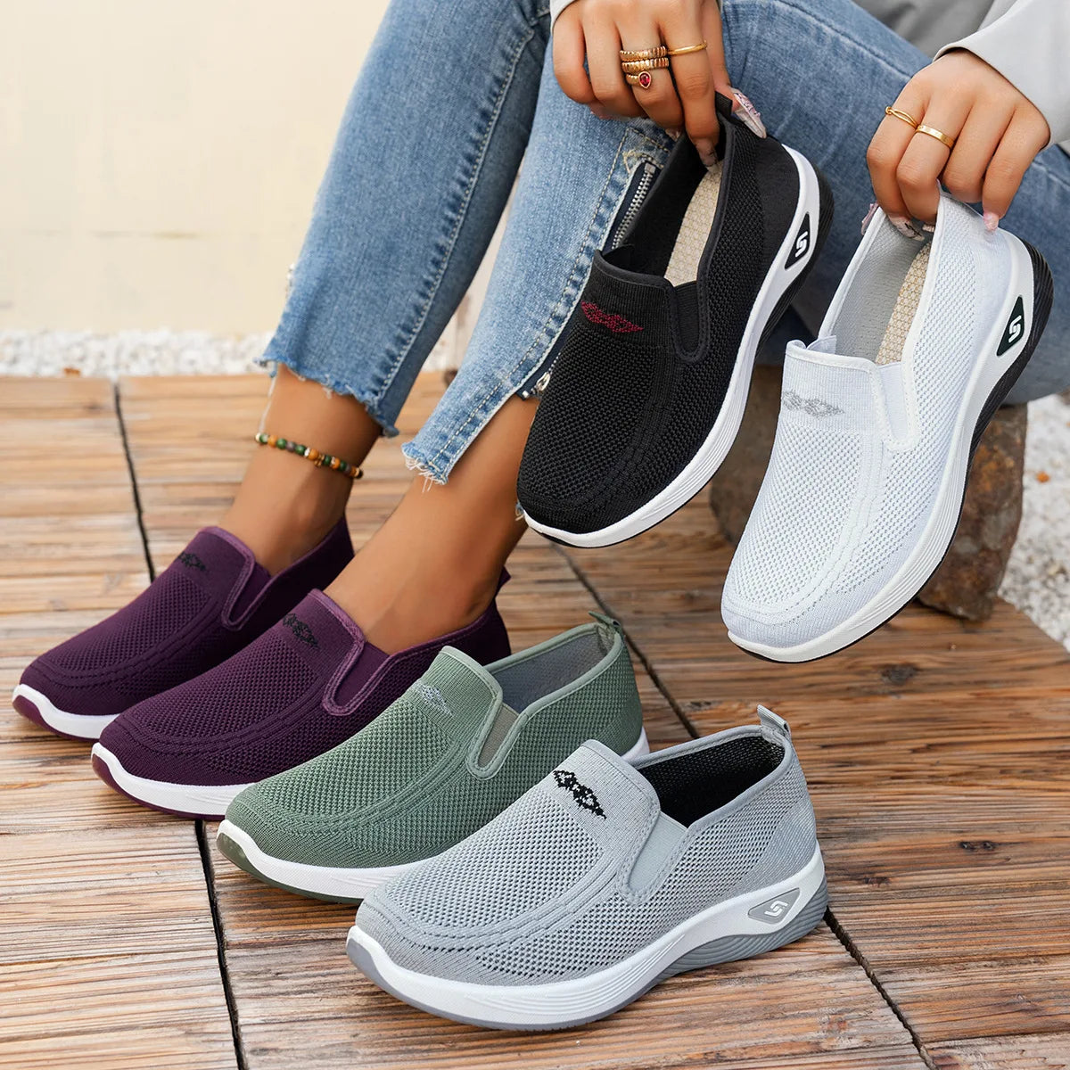 Womens running sneakers colour lineup – breathable mesh slip-on shoes