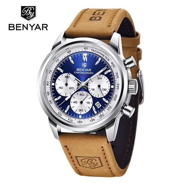 BENYAR 5188 New Blue Men Watches Luxury Quartz Wrist Watch for Men Chronograph Sports Waterproof Genuine Leather Luminous Clock