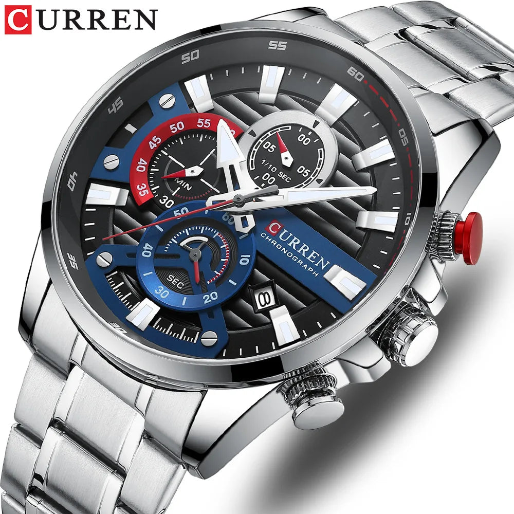 CURREN steel quartz watch for men close-up – silver blue chronograph 46mm