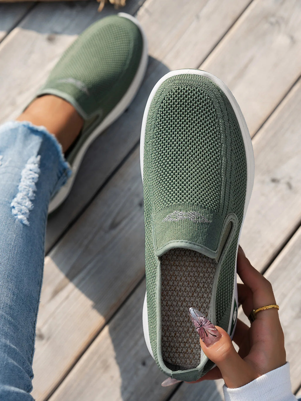 Green womens running sneakers – mesh slip-on sneakers