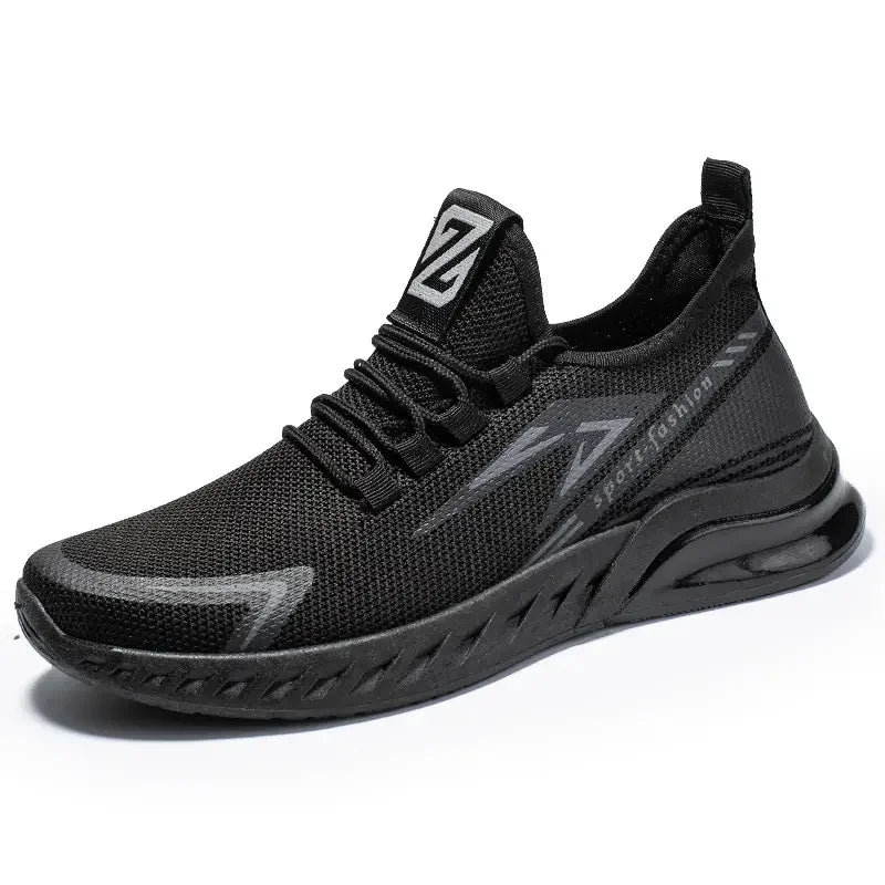 Men's mesh running shoes – black gray sneaker, side view