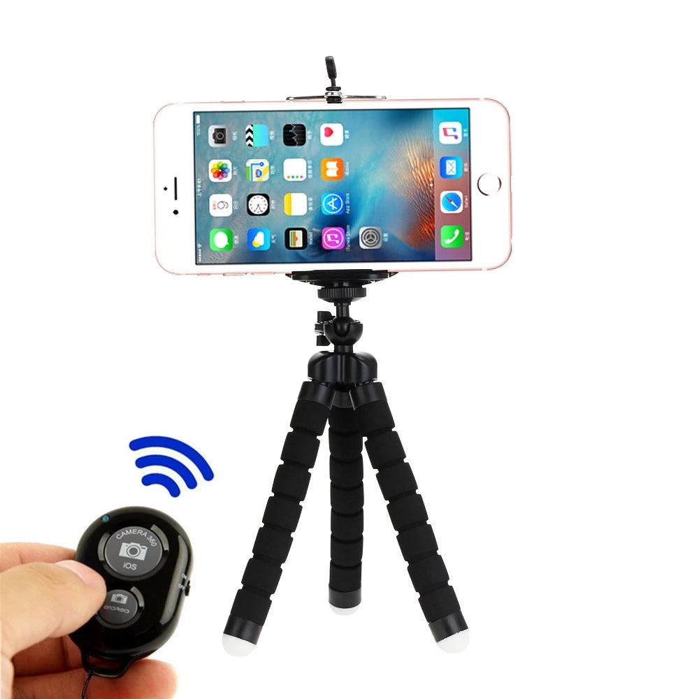 Phone tripod stand with phone and Bluetooth remote shutter