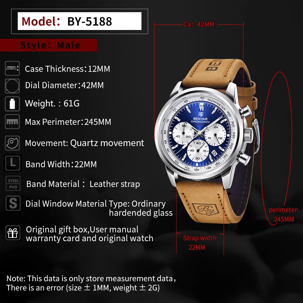 BENYAR 5188 New Blue Men Watches Luxury Quartz Wrist Watch for Men Chronograph Sports Waterproof Genuine Leather Luminous Clock