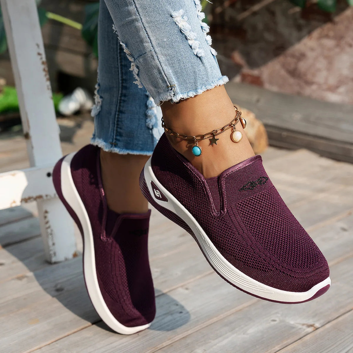 Purple womens running sneakers worn – comfortable trainers