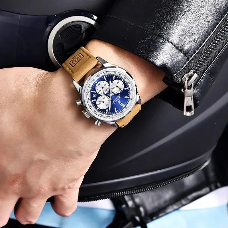 BENYAR 5188 New Blue Men Watches Luxury Quartz Wrist Watch for Men Chronograph Sports Waterproof Genuine Leather Luminous Clock