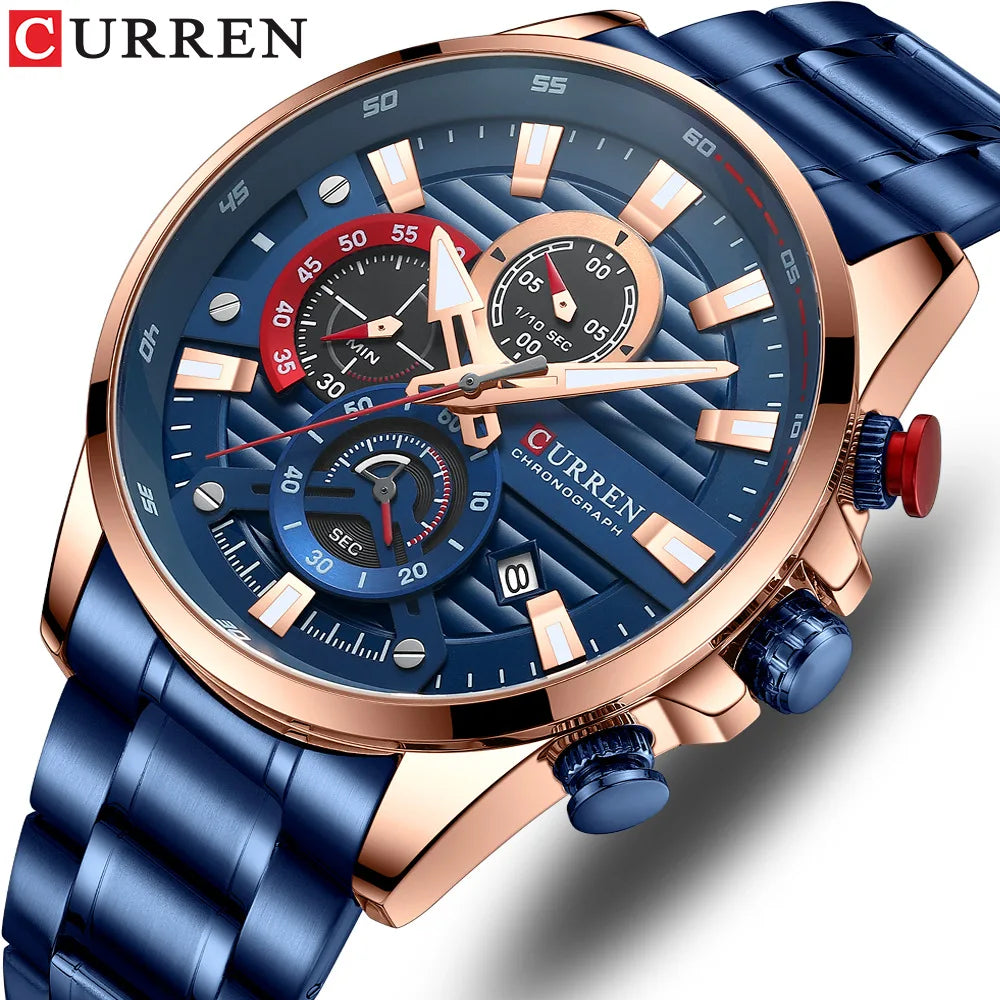CURREN steel watch men – blue rose gold chronograph quartz
