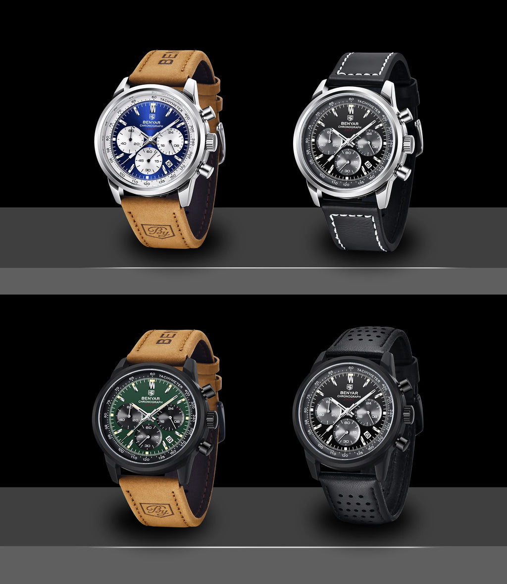 BENYAR 5188 New Blue Men Watches Luxury Quartz Wrist Watch for Men Chronograph Sports Waterproof Genuine Leather Luminous Clock