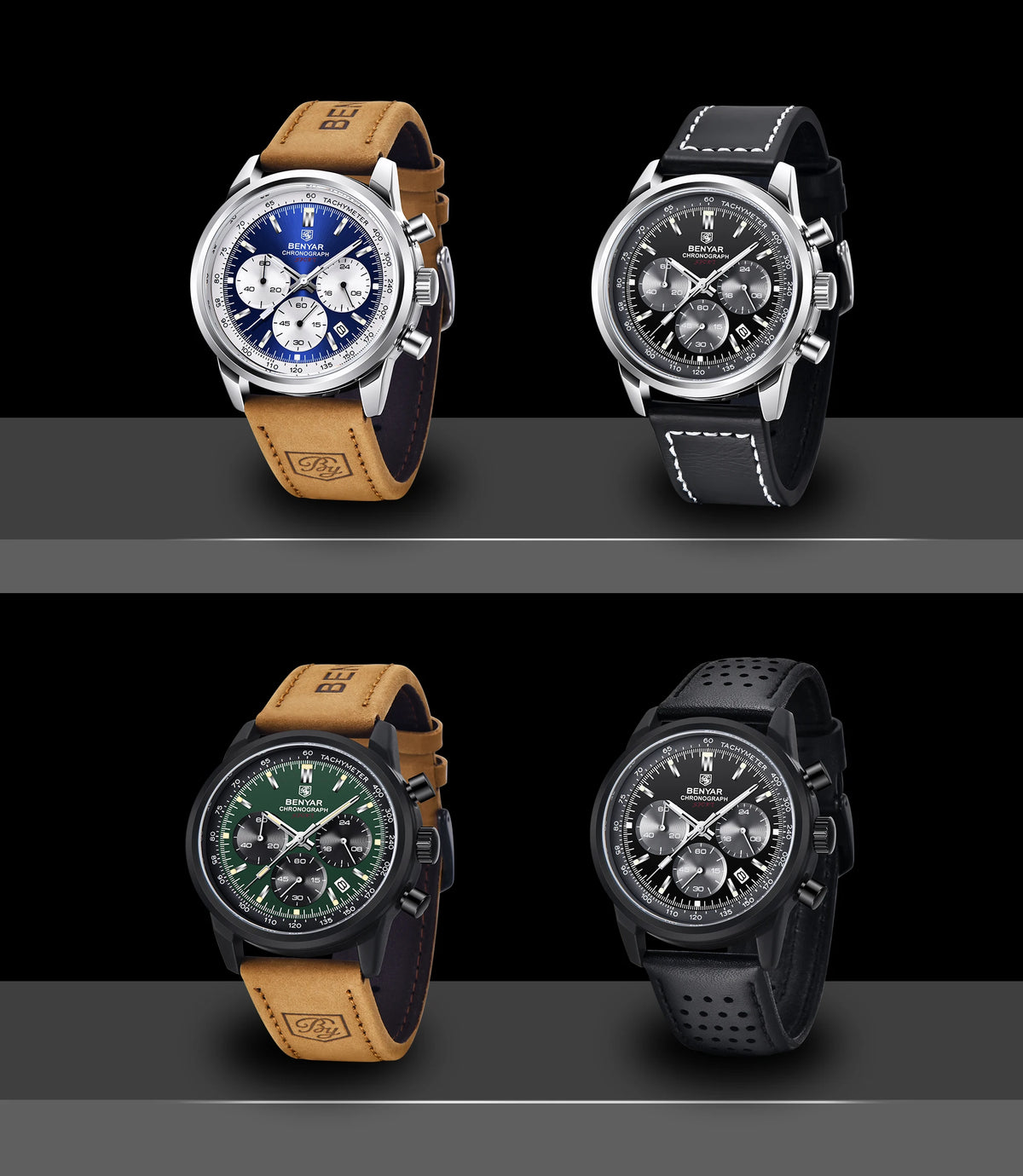 BENYAR 5188 New Blue Men Watches Luxury Quartz Wrist Watch for Men Chronograph Sports Waterproof Genuine Leather Luminous Clock