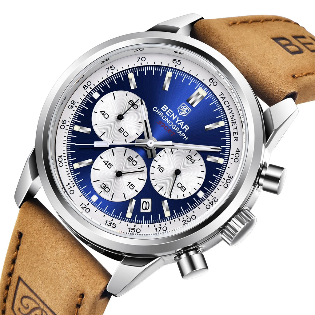 BENYAR 5188 New Blue Men Watches Luxury Quartz Wrist Watch for Men Chronograph Sports Waterproof Genuine Leather Luminous Clock