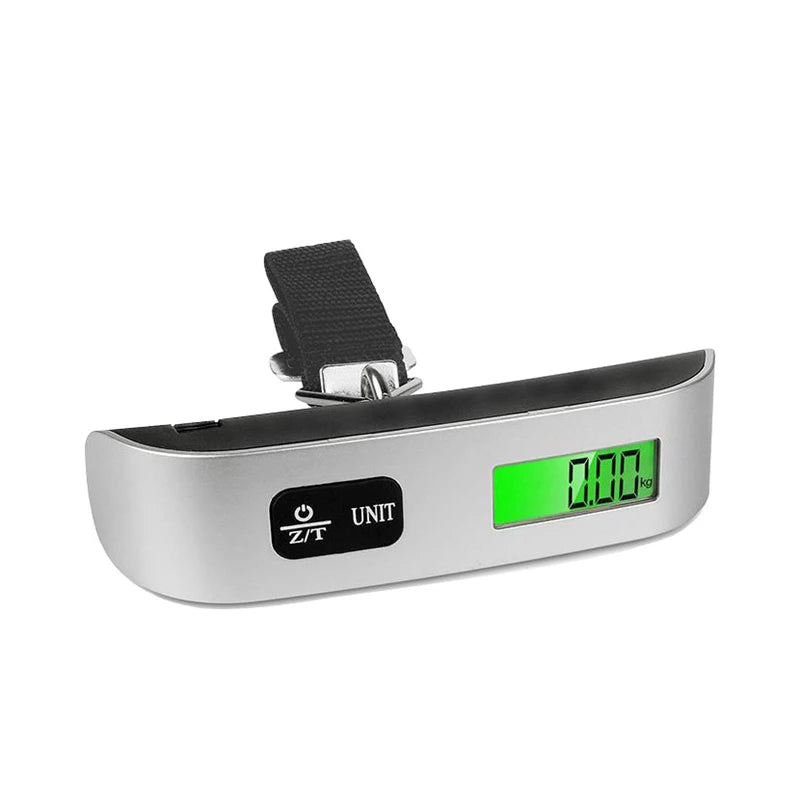 Digital luggage scale with webbing belt side view