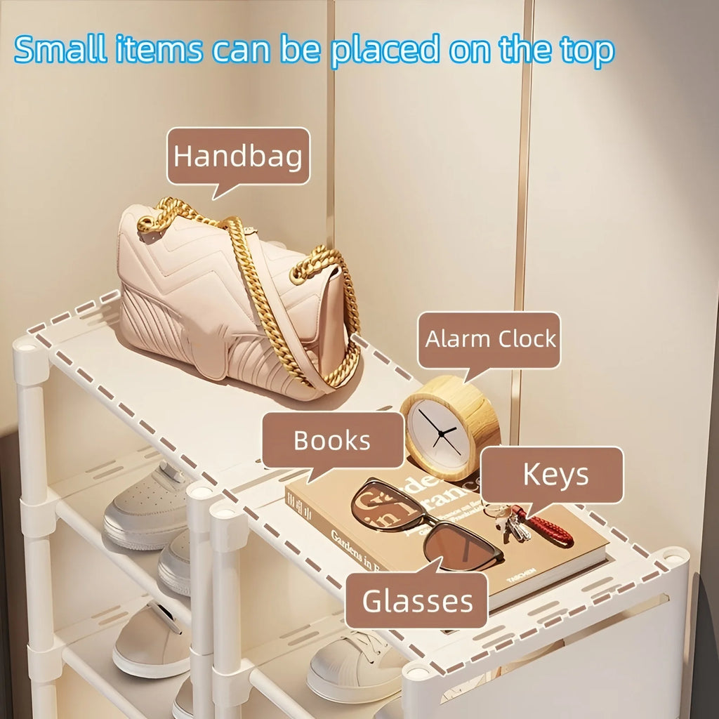 Top shelf of metal shoe rack organizer holds handbag, alarm clock, books and keys