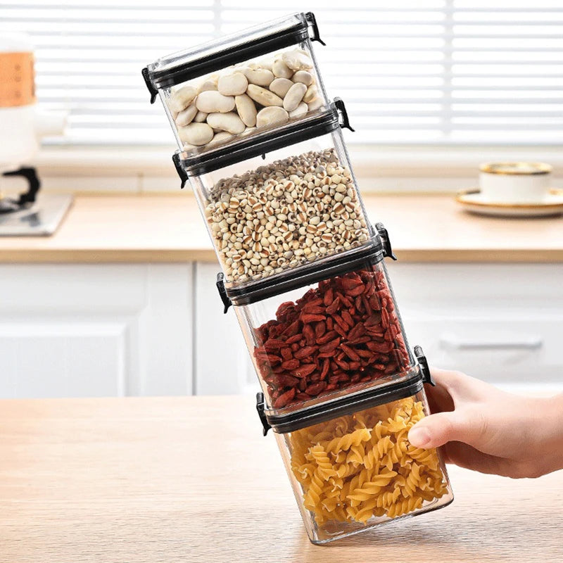 Stackable airtight kitchen storage jars tilted to show the secure seal