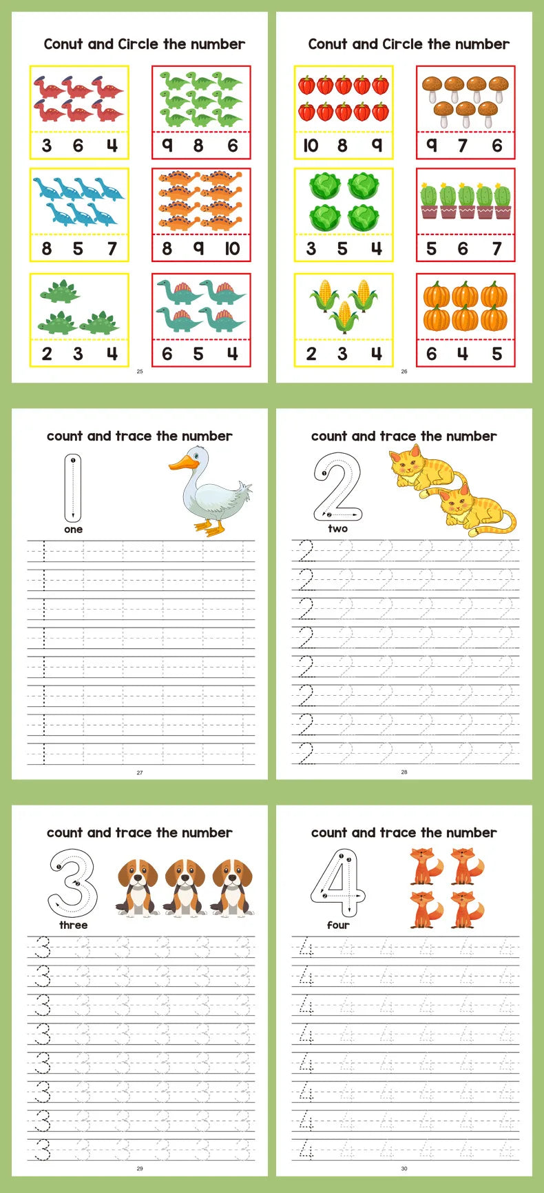 Preschool math workbook — count and circle the number pages