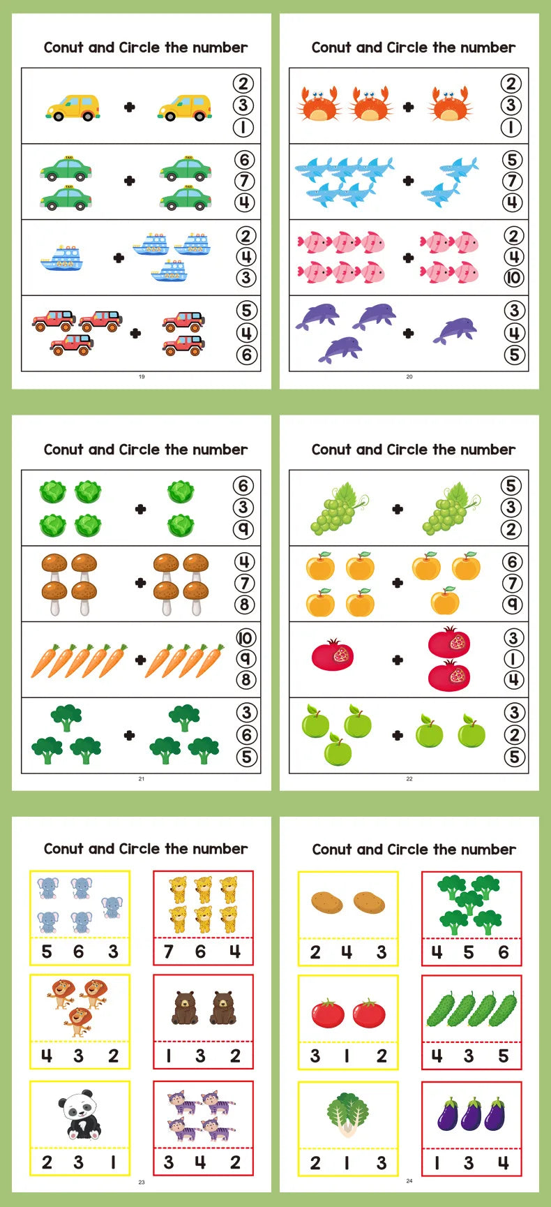 Preschool math workbook — counting animals activity pages