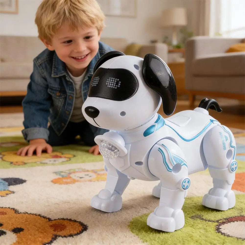 Robot dog toy for kids — boy playing with walking robot dog