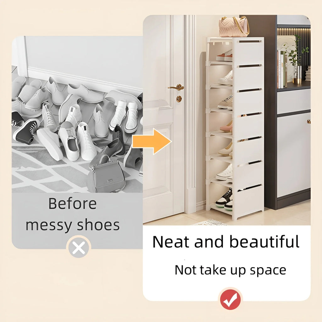 Before and after: messy shoes versus neat metal shoe rack organizer in a hallway