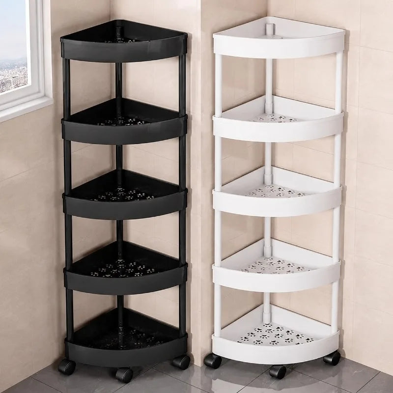 Empty black and white 5-tier corner rolling storage carts with drain-hole shelves