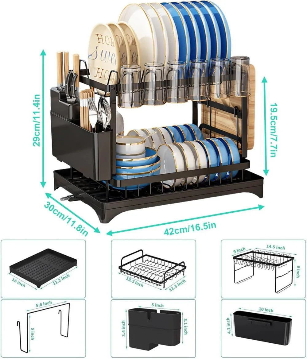 Black 2-tier dish drying rack dimensions 42 by 30 by 29cm with component guide