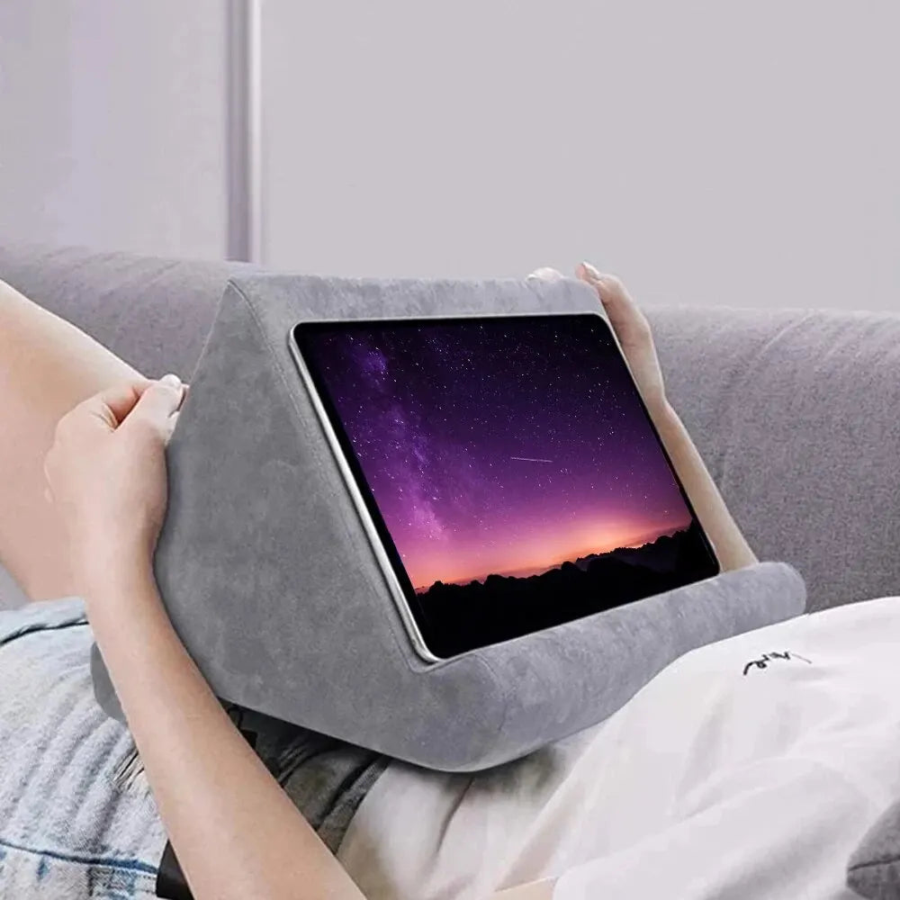 Tablet pillow stand gray used in bed for hands-free tablet viewing