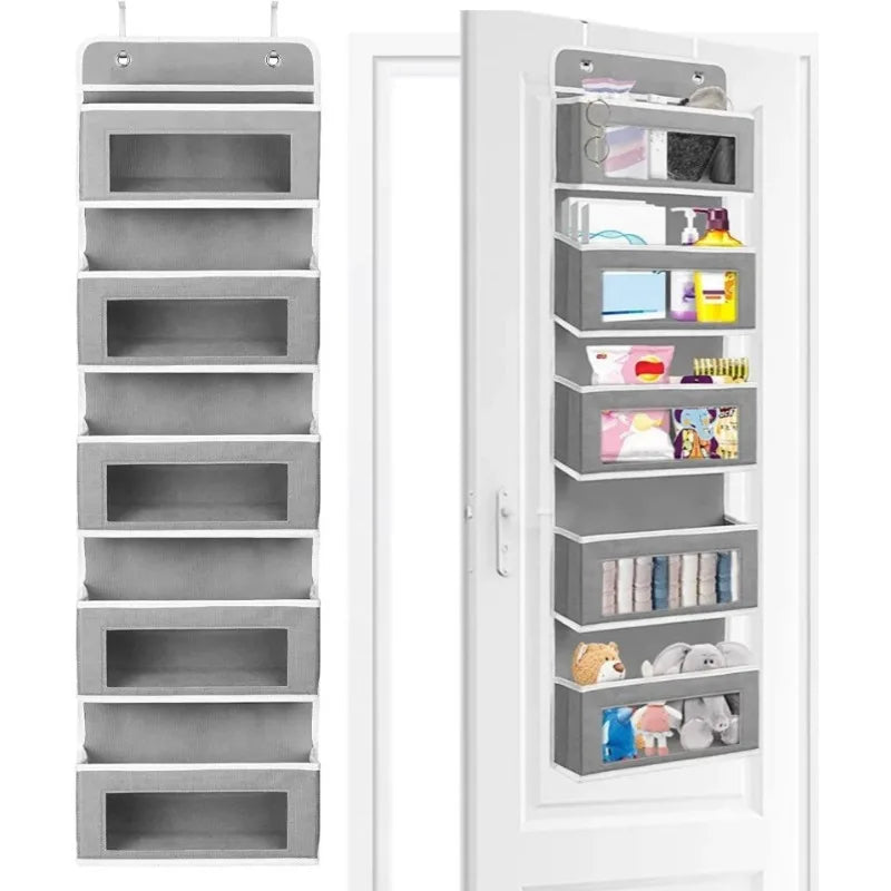 Grey 6-shelf hanging closet organizer on a door, shown empty and filled with clothes