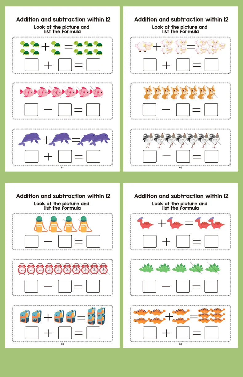Preschool math workbook — addition and subtraction within 12 pages