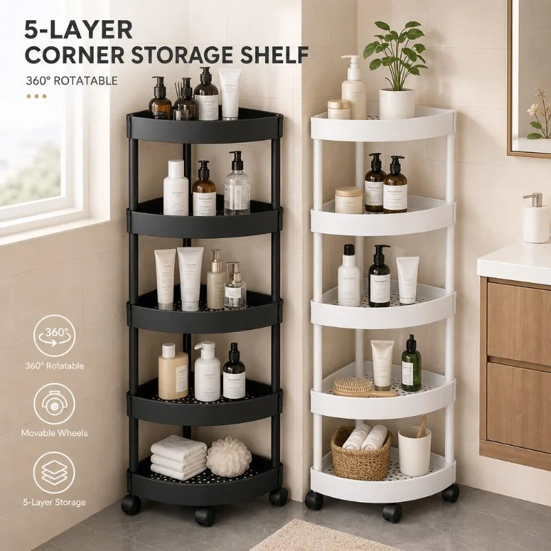 5-tier corner rolling storage cart in black and white, 360-degree rotatable kitchen and bathroom organizer on wheels