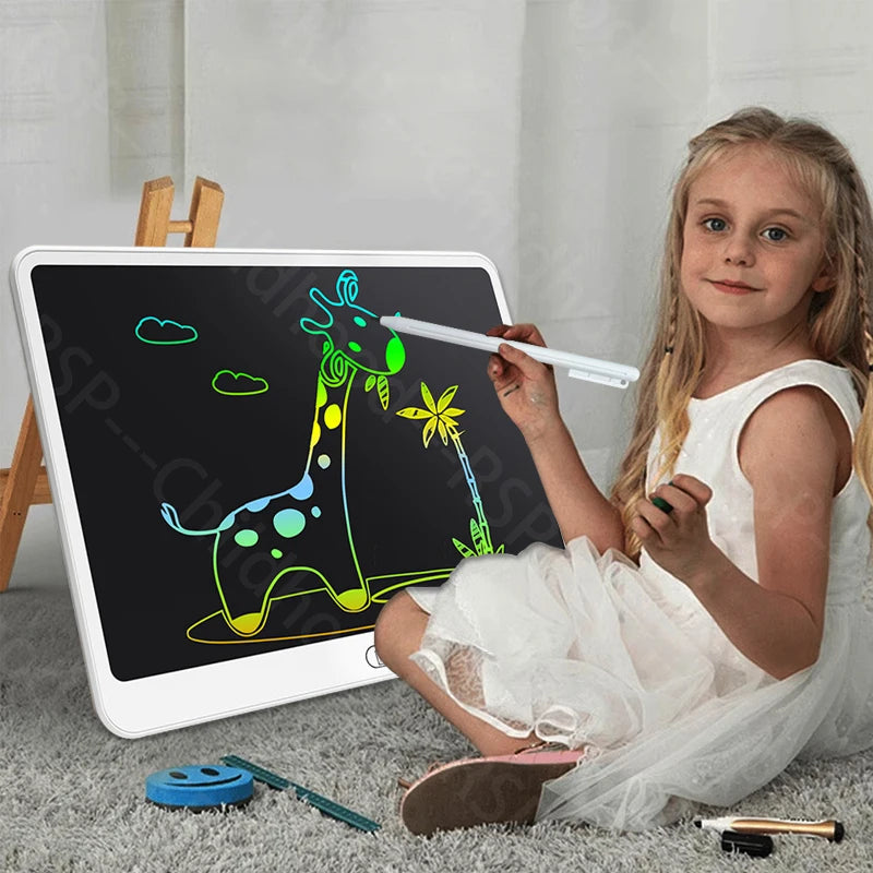 LCD writing tablet for kids — child drawing a colorful giraffe
