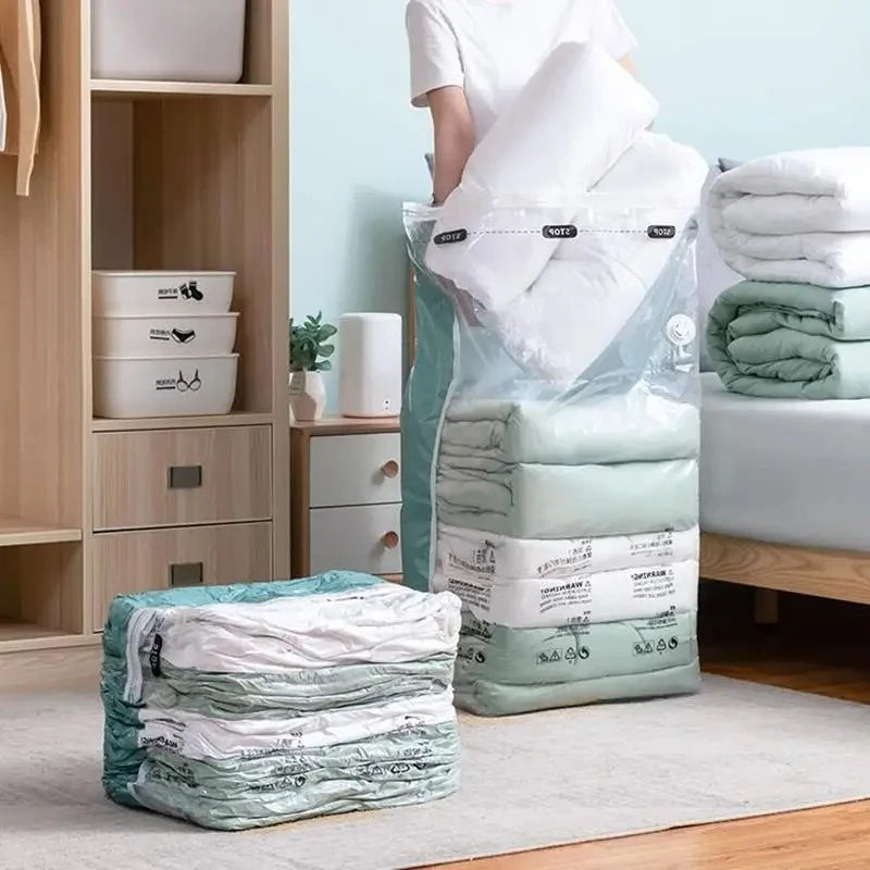 Vacuum storage bags filled with folded clothes in wardrobe