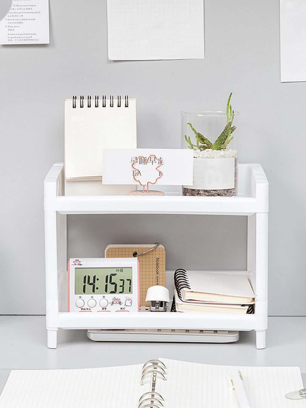 Desktop organizer storage rack with clock and notepad