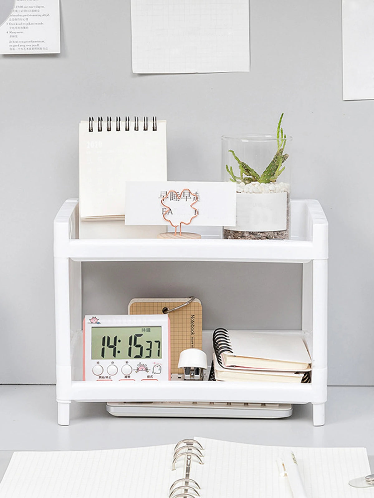 Desktop organizer storage rack with clock and notepad