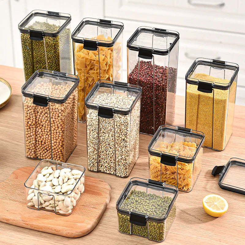 Kitchen storage jar set in five sizes with grains, pasta and snacks
