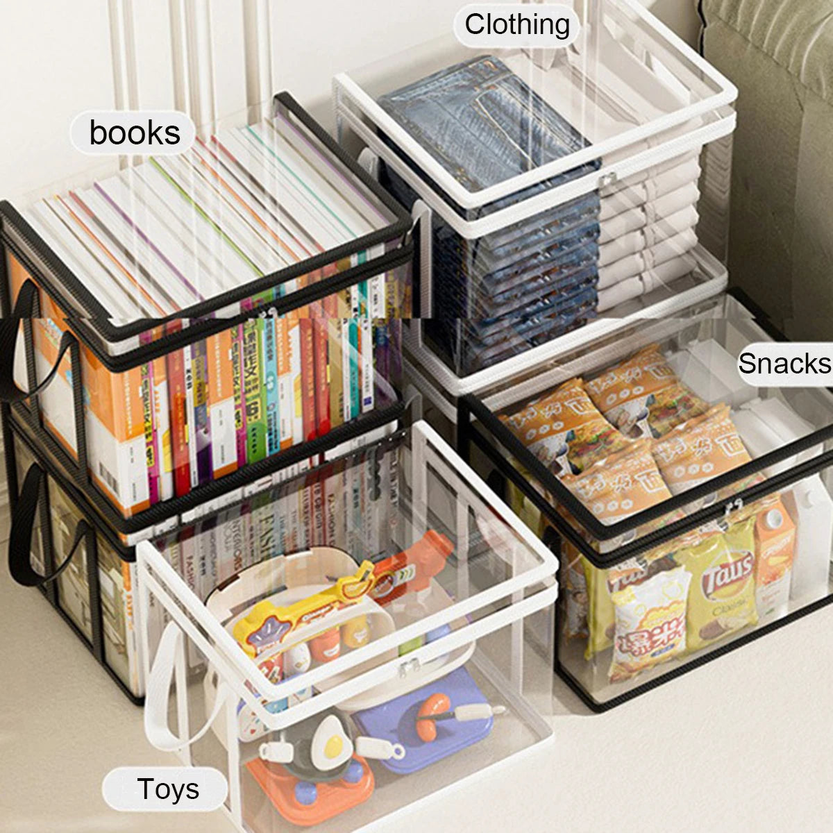 Book storage boxes used for books clothing snacks and toys