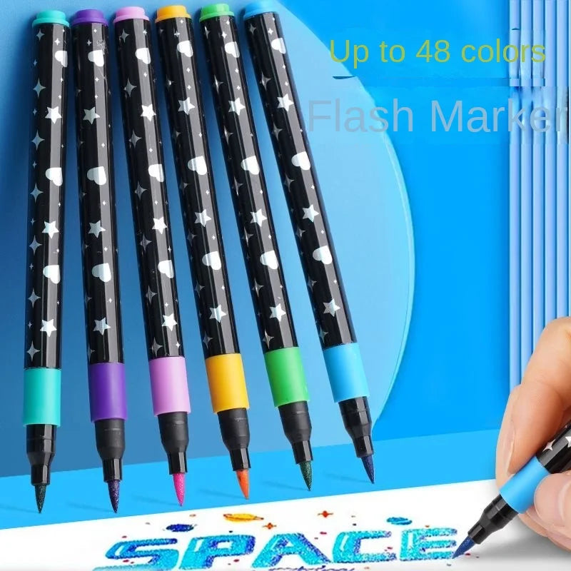 Dual tip glitter markers writing SPACE on paper