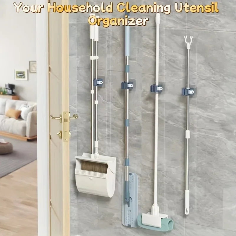 Wall mounted storage hooks organizing household cleaning utensils