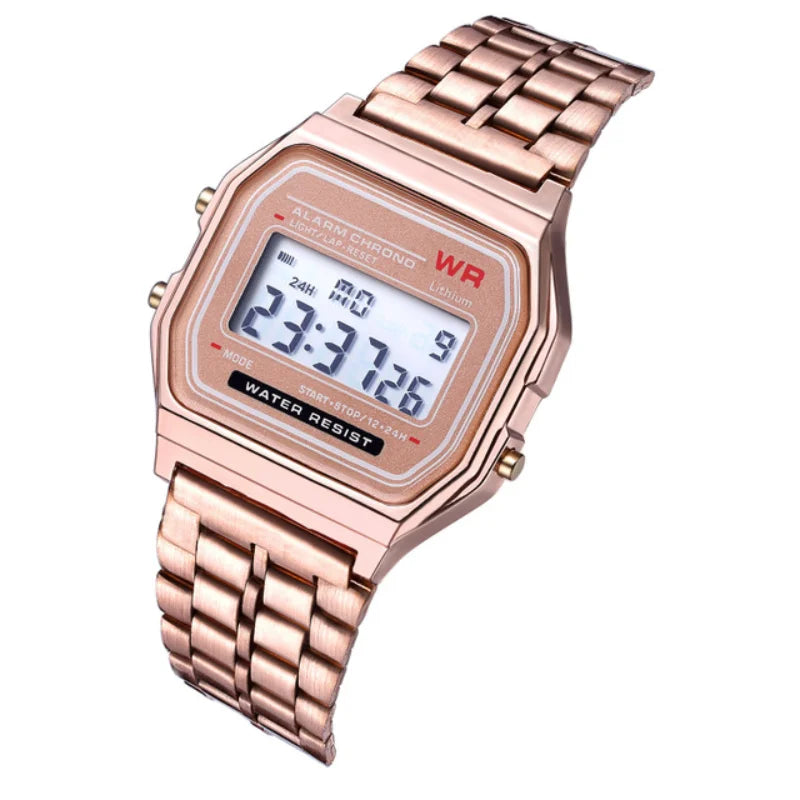F91W unisex steel band sports watch - side profile