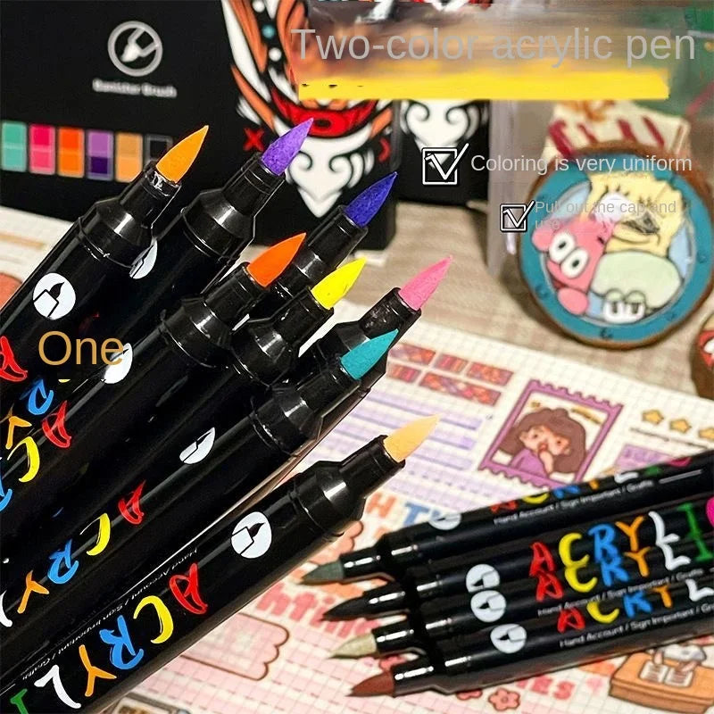 Close-up of dual-tip acrylic paint markers, fine and brush tips